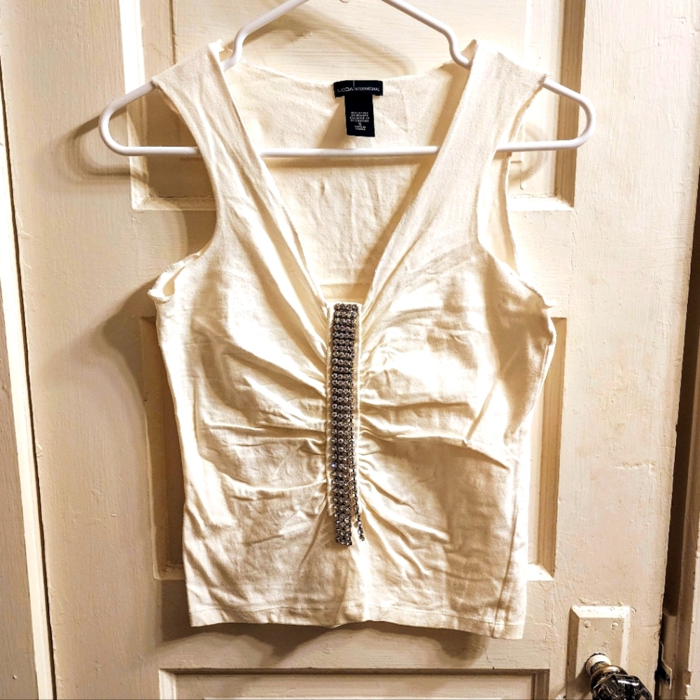 Women's Moda International White Tank with Rhinestones, S